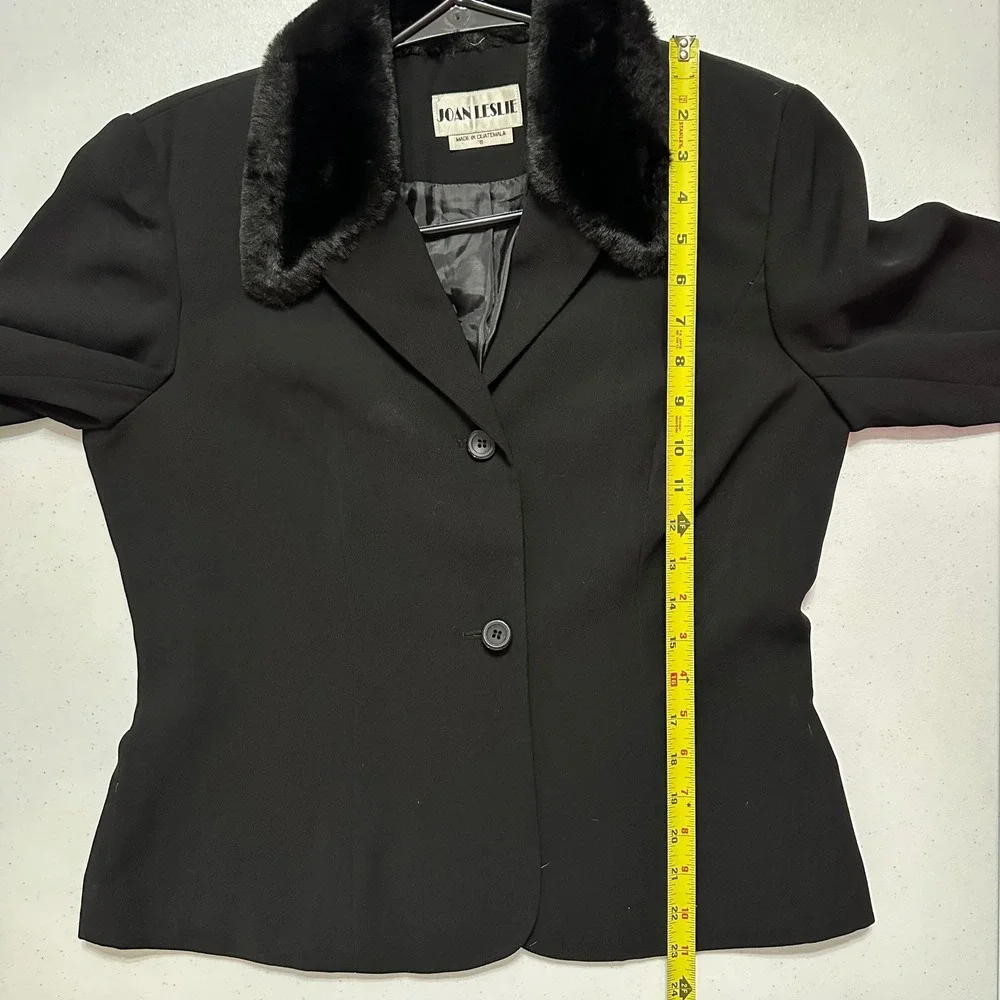 Joan Leslie Vintage Fitted Black Blazer‎ Jacket Faux Fur Collar Business Sz 8